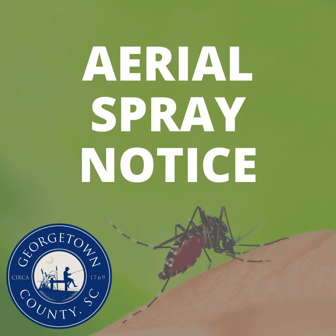 Photo of a mosquito on a person's hand against a green background with the words Aerial Spray Not