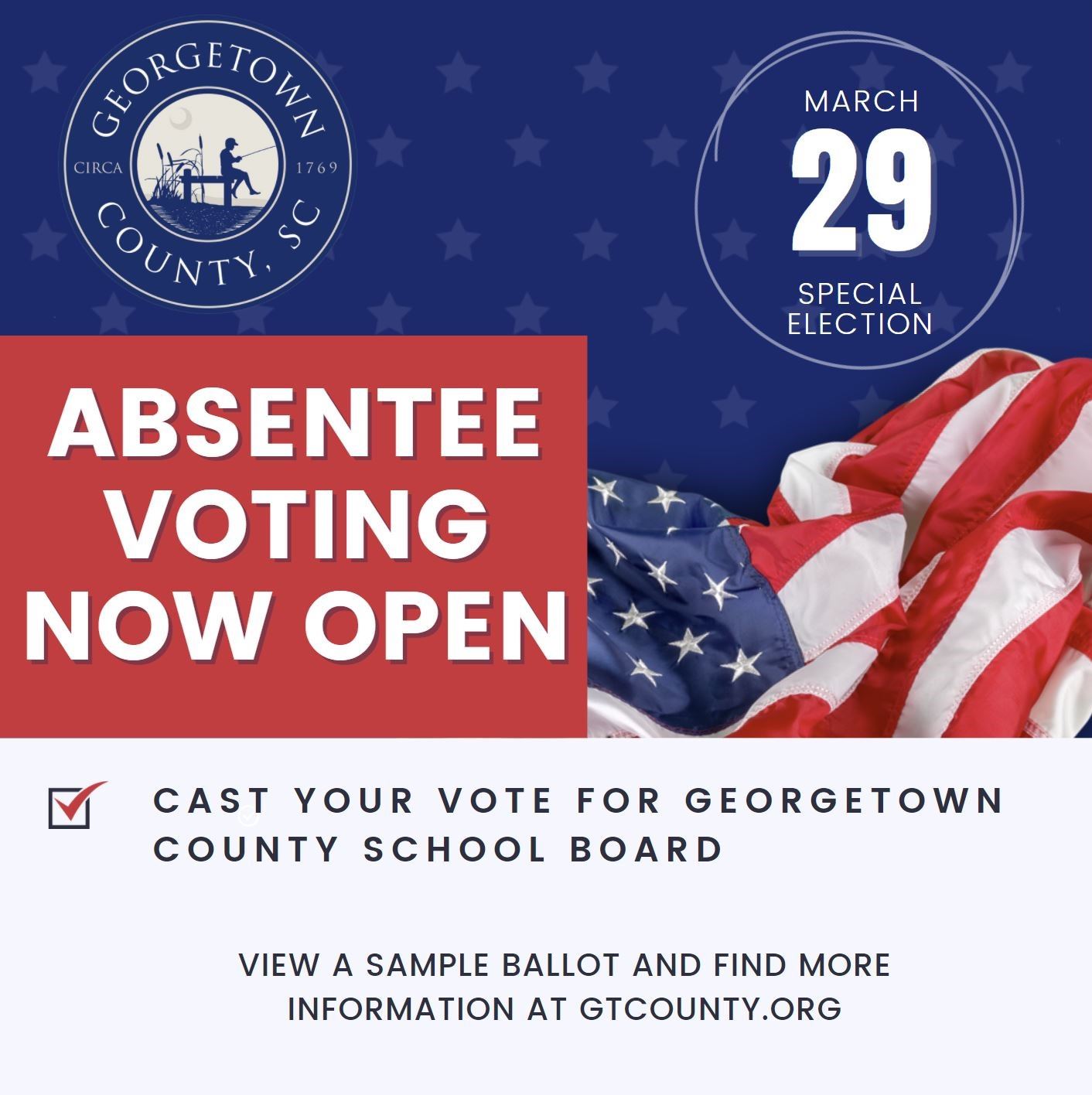 American flag and county logo with text reading 