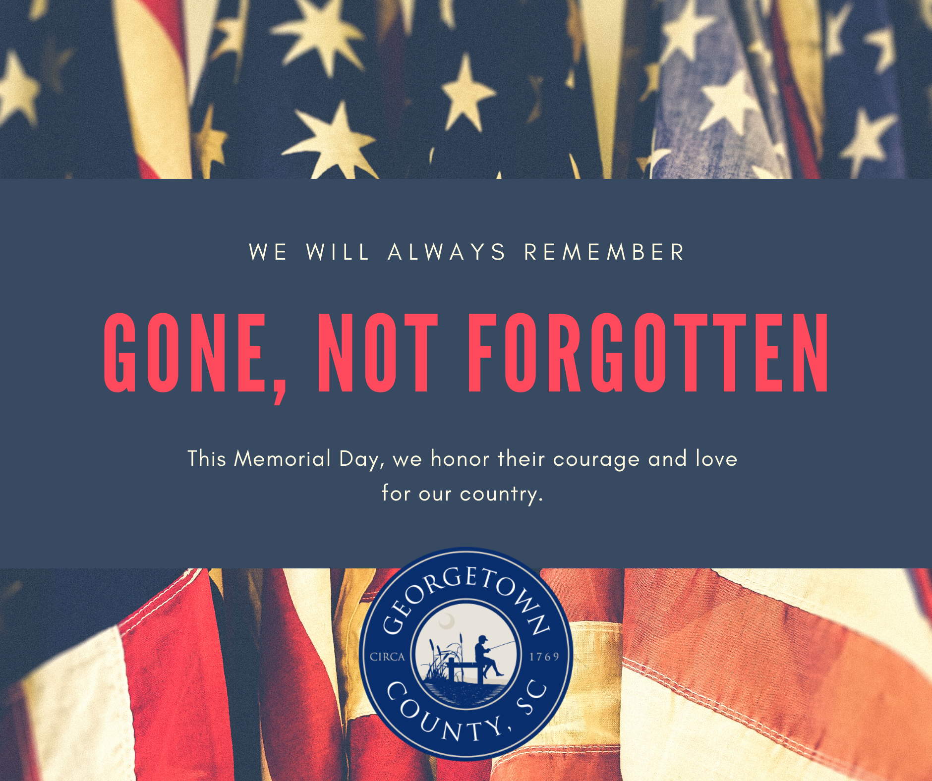 Image of an American flag with county logo and the words 