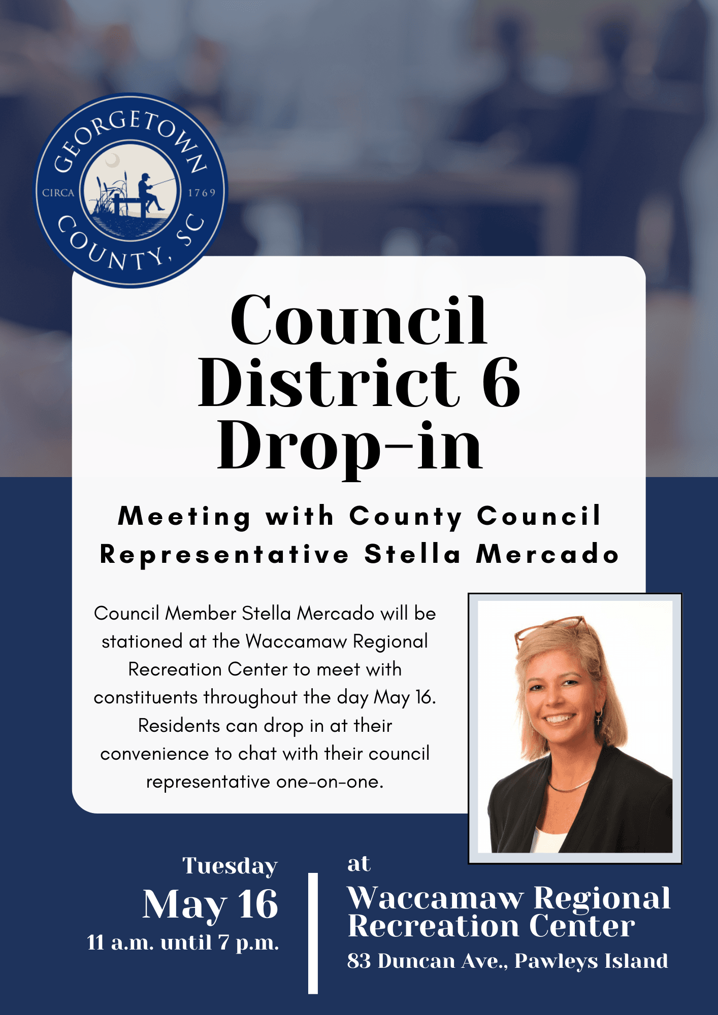 Flyer featuring portrait of Stella Mercado and an artistically blurred image of people at a table