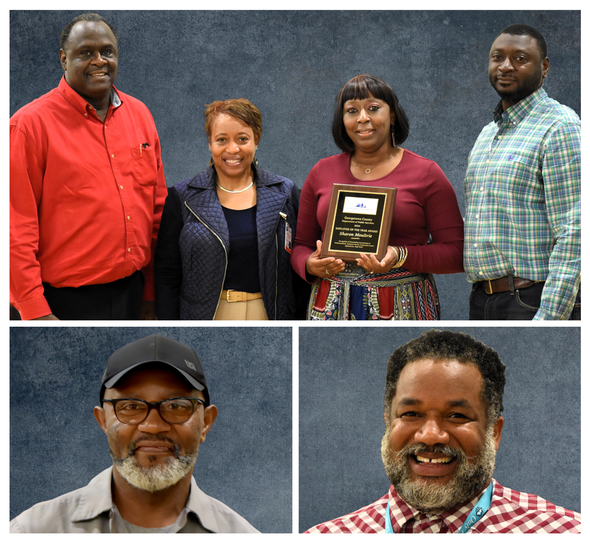 Photo collage of award winners: photo of group over two individual headshots