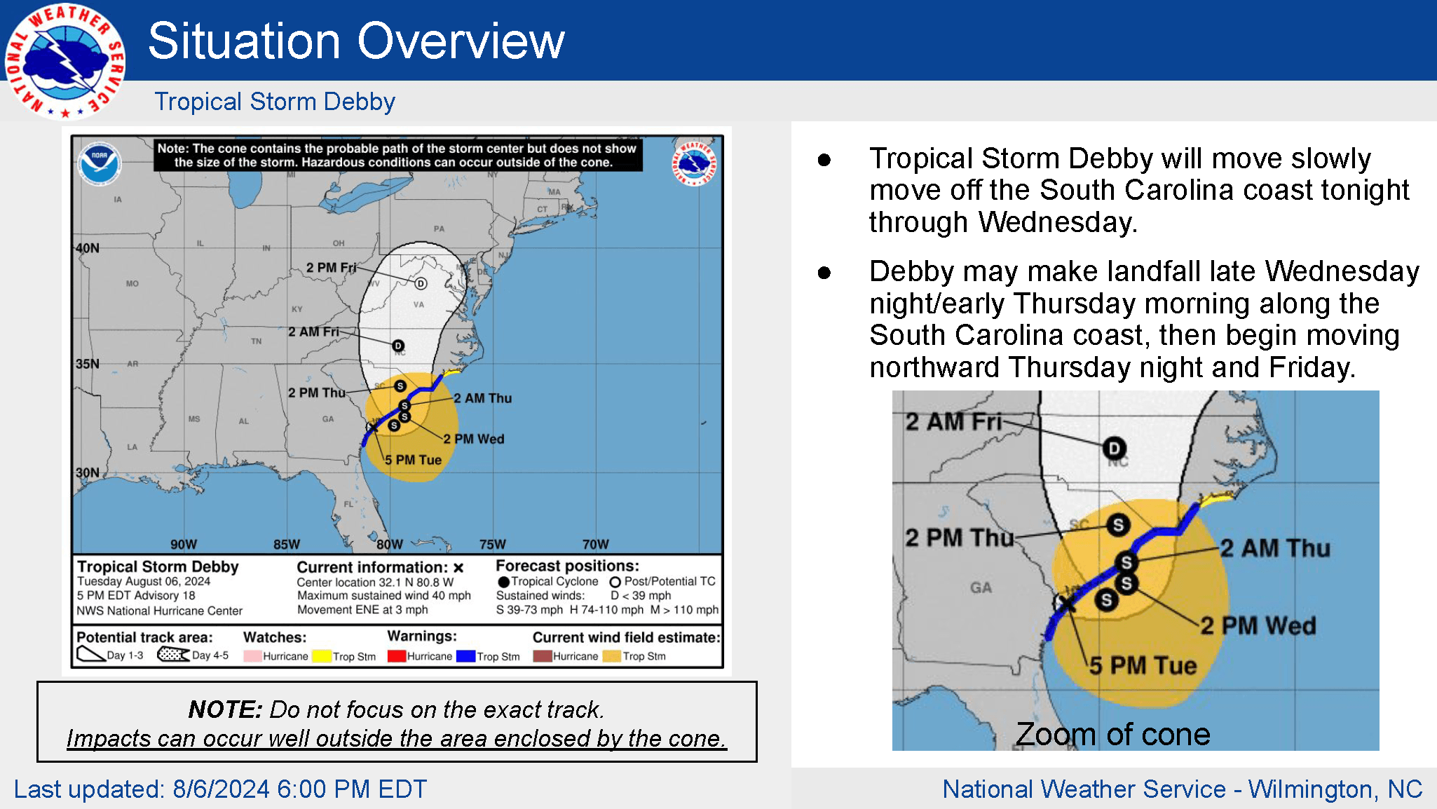 An image of the projected path of Tropical Storm Debby as of 5:00 p.m. August 6, 2024